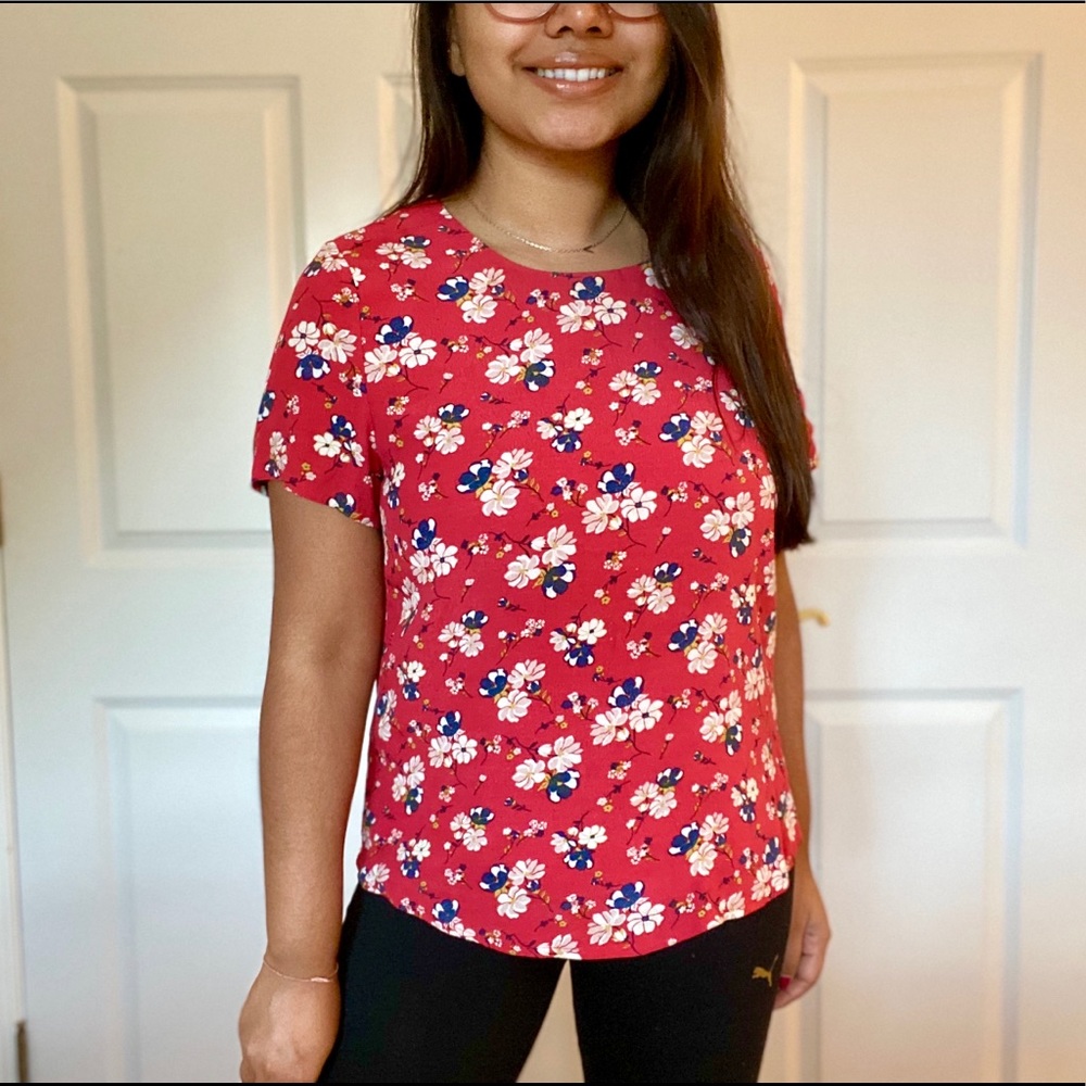 Floral Print Short Sleeve Blouse Tee Professional - Picture 3 of 12